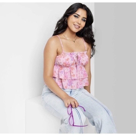 wild fable Tops - Wild Fable Womens Small Tiered Ruffle Tank Top in Light Pink Butterfly Print